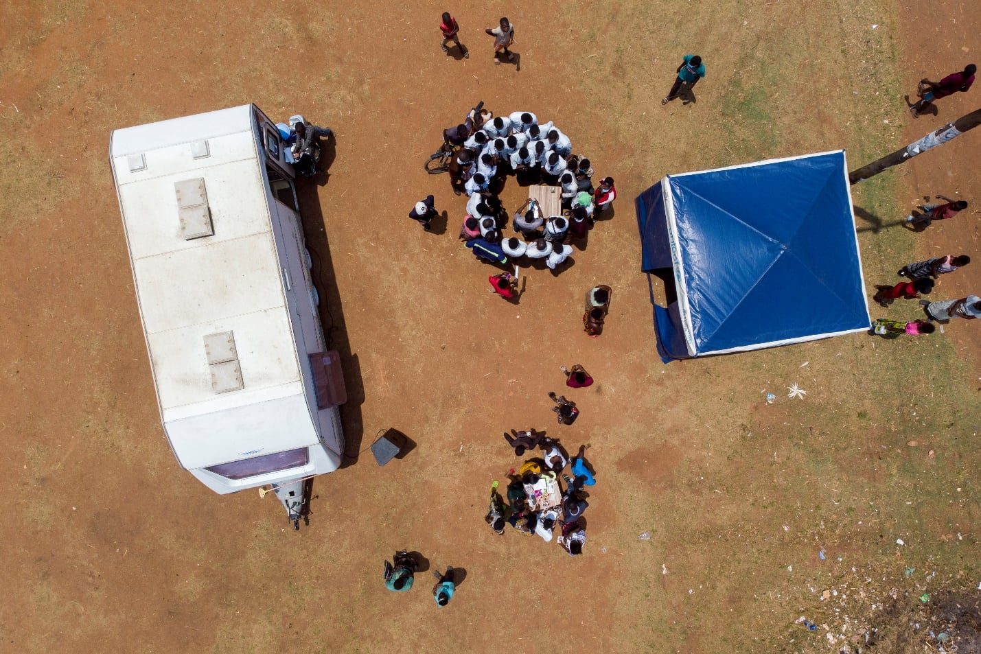 Aerial view of our mobile screening van and outreach tent